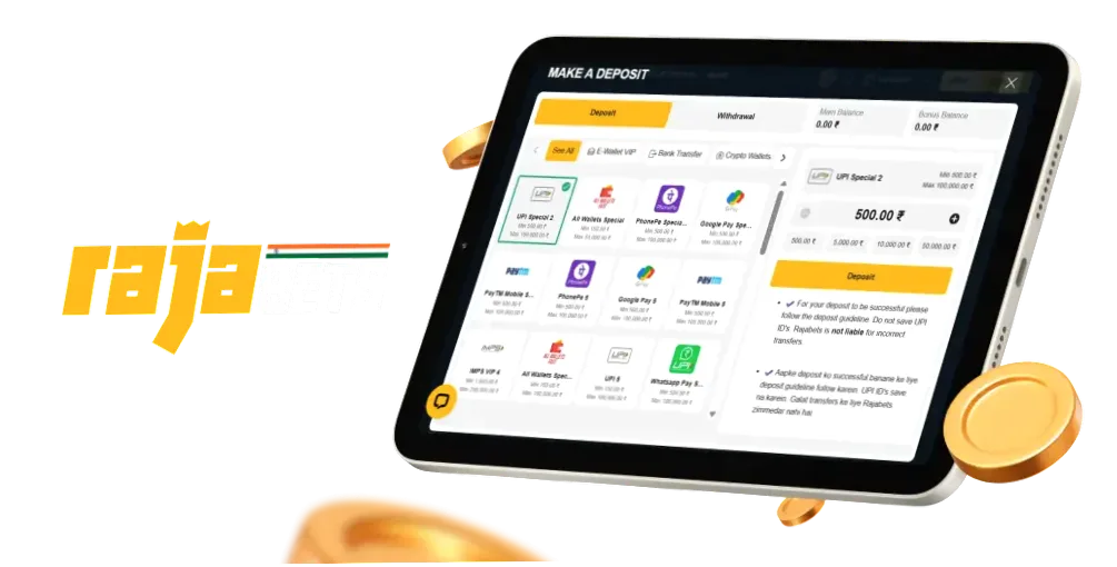 Payment methods available to Rajabets users from India